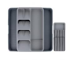 RISVOWO Portaposate da Cassetto, Portaposate Estensibile, Porta Posate Cucina Cassetto Regolabile, Portaposate, Organizer Cassetti in Plastica per Cucchiai, Forchette, Coltelli, 40x56x5.5cm, Grigio
