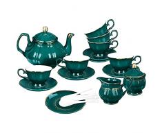 fanquare 21 Pezzi Servizio da Tè in Porcellana Vintage, Servizio da Caffè Verde Scuro per 6 Persone, con Teiera, Lattiera, Zuccheriera, Piattini e Cucchiai