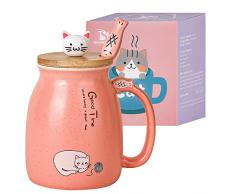 Tazza di gatto carino Tazza da caffè in ceramica con coperchio e cucchiaio in legno Kawaii Tazza del mattino della novità Tazze da tè al latte e caffè Tazze per gatti per amanti dei gatti Donne rosa