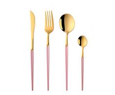 Buyer Star - Set di posate per 1 persona, in acciaio inossidabile, 4 pezzi, include coltello, forchetta, cucchiaio e cucchiaino, colore rosa e oro
