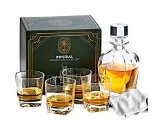 Imperial Whisky Decanter Set per Uomo - Whisky Set di 4 Bicchieri e Decanter in Cristallo - Elegante set di Liquore per Scotch e Bourbon e 4 Bicchieri Rocks. Panno per Lucidatura incluso, senza piombo