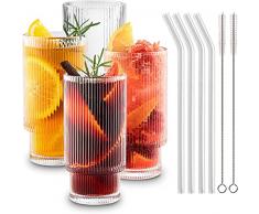 MUJUZE Bicchieri Vetro Coste con Cannuccia in Vetro,4-310ML Stile Vintage Bicchieri Cocktail,Bicchieri da Long Drink per Frappè, Succhi, Frullati, caffè