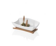 Brandani 54142 Antipastiera relax in porcellana bianca con supporto e 3 forchettine bamboo