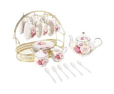 ufengke 15 Pezzi Europeo Set da tè in Ceramica,Bone China Set da caffè con Supporto in Metallo,Teiera Variopinta del caffè della Zucca della Pittura della Rosa