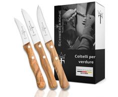 Schwertkrone Coltello verdura | Set di coltelli in legno manico uliva | Solingen Germania | frutta coltello pelatura coltello di ulivo | inox lama curva becco di uccello dritto appuntito indietro