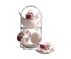 ufengke 9 Pezzi Set Da Tè Inglese Classico, Motivo Rose Rosso E Ondulazione Dell'Acqua, Servizio Da Tè In Ceramica Set Da Caffè Vintage Con Staffa Metallica, Per Regalo, La Famiglia E Ufficio