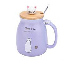 Tazza Gatto,420 ml Tazza di Caffè in Ceramica,Tazze Gatti Tazza di Natale Tazza Regalo Tazze da Te con Coperchio e Cucchiaio Tazze Gatto Bambini