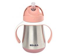 BÉABA - Biberon/Tazza di Apprendimento 2 in 1, Tazza con cannuccia per Bambini, 100% a Tenuta, Salvagoccia, Facile da aprire, Manici Removibili, Inox, 250 ml, Rosa antico