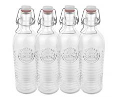Ansmann Bormioli Set di 4 bottiglie di vetro Officina 1825 – Con rilievo e scanalature – Qualità italiana – Ideale per conserve, bevande, fermentazione, decorazione, Trasparente
