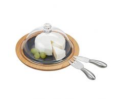 Relaxdays Formaggiera a Campana con Tagliere, Posate in Acciaio, Coltello & Forchetta, bambù, Ardesia, Legno Naturale, Acrilico, 13 x 25 x 25 cm