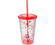 Coca-Cola Coke - Bicchiere con coperchio, colore: Rosso, Vetro Plastica, Verre Hermétique Transparent Rouge et Paillette