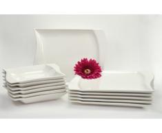 Van Well - Servizio da tavola "Harmony", 12 pezzi, piatti quadrati con bordi ricurvi, colore: Bianco