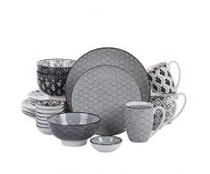 vancasso Haruka, Piatti Servizio 4 Persone Set 24 Pezzi Stile Giapponese Nero in Porcellana con Piatti frutta, Tazza da Tè, Piatti Piano, Ciotole per Cereali, Ciotoline per Aperitivo Set Antipasti