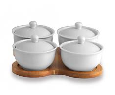 Chio Antipastiera Porcellana 4ps Base in bambù Coppe Coppette e Ciotole, Bamboo, Bianco/Legno, con 4 posti