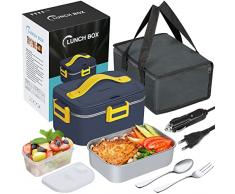 E-MANIS Scaldavivande Elettrico Auto,Lunch Box Elettrico 3 in 1 per Camion e Ufficio 12V 24V 220V-75W,Porta Pranzo Portatile Doppio Voltaggio di 304 Acciaio Inossidabile 1,8L con Borse Frigo (Blu)