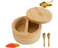 Contenitore per sale con coperchio girevole a 2 scomparti con coperchio magnetico e 3 piccoli cucchiai di legno, contenitore per spezie da cucina, spezie, erbe, pepe o piccoli oggetti