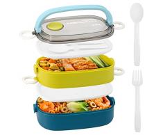 MDHAND Lunch Boxes-pranzo al sacco, pranzo al sacco con scomparti, 1600 ML | Portapranzo a doppio strato con cucchiaio e forchetta, Bento Box per scuola e lavoro per bambini/adulti (blu verde)