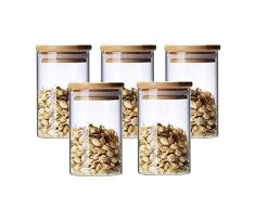 Set di 5 Barattoli di Vetro Contenitori Alimentari Vetro con Coperchio di Tenuta Aria bambù, Barattolo Sale Zucchero caffè Porta Biscotti Contenitore Pasta (300ml)