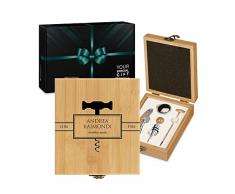Maverton Set Cavatappi da Vino - Kit da Sommelier Degustazione Perfetta Personalizzato - Scatola in Legno di bambù + 4 Pezzi di Accessori Vino - Regalo Uomo - Ottima Annata