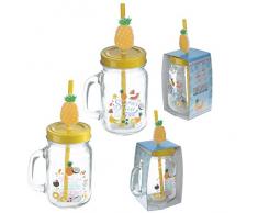 Bicchiere Barattolo smoothie in vetro ANANAS con tappo e cannuccia 1 A SCELTA