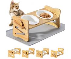 Ciotola per Gatti in Ceramica,Ciotole per Gatti Rialzate con Pad Antiscivolo,Supporto in Legno,Regolabile in Quattro Altezze,Adatto a Cani e Gatti di Piccola e Media Taglia (giallo)