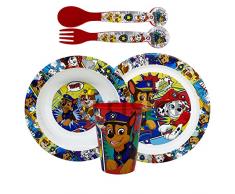 Sorrisini - Paw Patrol Set di stoviglie per bambini | Set da tavola riutilizzabile per bambini | Stoviglie con piatto, ciotola per cereali, tazza e posate | Set da colazione per bambini