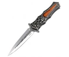 AuRiver Coltello Pieghevole, coltellino tascabile con incisione floreale decorativa retrò in metallo manico in legno, coltello tascabile pieghevole da uomo