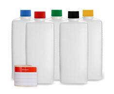 Octopus 5 x 500 ml Bottiglie in plastica, Bottiglie in plastica HDPE con Tappi a Vite variopinti, Bottiglie vuote con coperchi a Vite Colorati, Bottiglie quadre con 5 Etichette compilabili Incluse