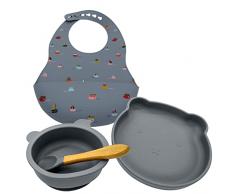 Set Pappa Svezzamento Bambini - Piattino Pappa Svezzamento + Tazza ventosa bambini + Cucchiaio e bavaglino in silicone - Set Svezzamento prima pappa - No BPA -