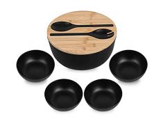 Generico Set ciotole 8 pezzi in melamina, ciotola grande con coperchio in bambù, colazione, cereali, gelato, frutta o insalata, dimensioni 25x11.5 cm - 2 posate con 4 ciotole da 15x5 cm