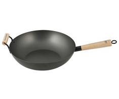 H&H Alessandro Borghese, Padella Wok Antiaderente con Manico e Presa in Legno, da 35 cm, Alluminio, Nero, 36 cm