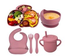 Domueay Set Pappa Svezzamento Bambini,6 Pezzi con Ventosa Piatto Ciotola Tazze Cucchiaio Forchetta Bavaglino Silicone Antiscivolo Impermeabili Set Pappa per Bambino Neonati senza BPA,Rosa Coniglio