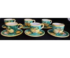 SEI TAZZINE DA CAFFE’ CON SEI PIATTINI - DECORO LIMONI - IN CERAMICA VIETRESE DIPINTI A MANO MADE IN ITALY; TAZZINA DIAMETRO CM. 7, ALTEZZA CM. 6 PIATTINO DIAMETRO CM 11