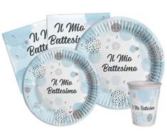 Kit Party Tavola Battesimo per 24 persone (112 pezzi: 24 piatti Ø23cm, 24 piatti Ø18cm, 24 bicchieri 200ml, 40 tovaglioli 33x33cm) in carta compostabile eco-friendly, azzurro