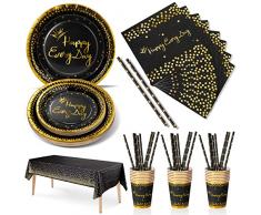 Nkaiso 126 Pezzi Nero Oro Stoviglie per Feste,Happy Everyday Festa Decorazioni Set Include Piatti di Carta Tovaglioli Tazze di Carta Cannucce Tovaglia,per Nuziale Matrimonio,Compleanno(25 Ospiti)