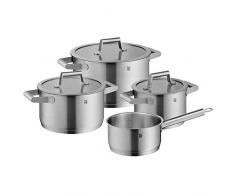 WMF Comfort Line - Set di pentole per piano cottura a induzione, con coperchio in vetro, in acciaio inox Cromargan opacizzato, scala graduata, impilabili, non rivestite, 4 pezzi