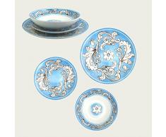 Maison Tortorà - Servizio 18 Piatti Decoro Acanthus - Floreale - 6 Piatti Piani - 6 Piatti Fondi - 6 Piatti Dessert - Fine Porcellana (Azzurro)