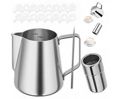 FORMIZON Bricco Latte, Inossidabile 304 Tazza Latte, 350ml/600ml Bricco per Latte in Acciaio Inox, Bricco da Latte con Spargitore in Polvere, Caffè Latte Penna Artistica e 16 Stencil per Cappuccino