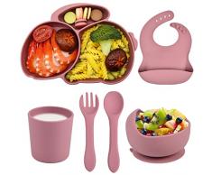 Hoseay Set Pappa Bambini Silicone Kit Svezzamento con Bambina Piatti Ventosa Piatto Cucchiaio Forchetta Ciotola Bavaglino Tazza 6 Pezzi Senza BPA Set Pappa Prima Neonato Sicurezza Lavastoviglie, Rosa