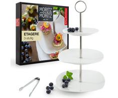 Moritz & Moritz Alzatine per Dolci con 3 Piani 21,5 x 19 x 14,5 cm - Alzatina per Dolci Ceramica Bianca con Pinza per Servire Vivande