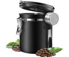 Barattolo Caffè Ermetico, Contenitore Caffè Acciaio Inox Con Cucchiaio per Caffè in Grani, Tè, Noci, Cacao(1,5L/Nero)