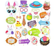 HOWAF Pasqua Photo Booth, 28pcs Pasqua Foto Props Accessori Fai da Te Pasqua Photo Booth Puntelli Kit Pasqua Gioco Bomboniera, Uovo di Pasqua Pulcino Coniglietto Cappello Baffi Bicchieri Freccia