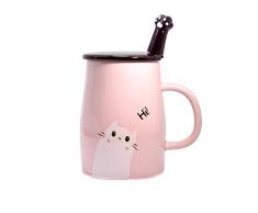 Cute Cat Mug Tazza da caffè in ceramica con Cucchiaio in acciaio inox Kitty, Hi ~ Tazza da caffè novità Regalo per gli amanti dei gatti Rosa (Rosa)