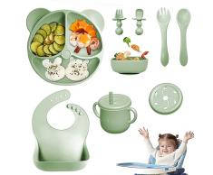 Set Pappa per Bambino, 9 Pezzi Senza BPA Set Pappa Antiscivolo, Silicone Set Pappa Svezzamento Bambini, Set da Tavola con Ventosa Piatto Ciotola Tazza Bavaglino 2 Cucchiaio e 2 Forchetta (Verde)