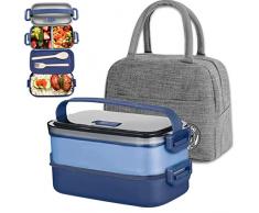 Haoh Lunch Box Kit - 1600ml 2 Strati Ermetica Porta Pranzo da Ufficio con Posate + Borsa Termica Porta Pranzo, Bento Box Microonde per Picnic Scuola Uffici Adulto Bambini (Blu)