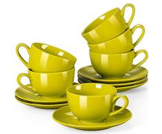 LOVECASA Serie Sweet Servizio da Caffè in Porcellana per 6 Persone, Set da 12, 6 Tazza da Cappuccino e 6 Piattini, 230 ML, Verde