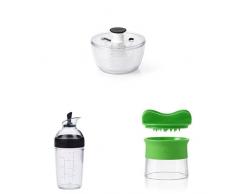 OXO Good Grip Centrifuga per Insalata, Trasparente, 21 x 21 x 12 cm +OXO Good Grips Mixer per Dressing per insalate, Nero, 250 ml, Piccolo +OXO Good Grips Spirale con Lame, Plastica, Verde