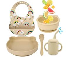 HappyDoo - Set Pappa Svezzamento Bambini - Piattino Pappa Svezzamento + Tazza ventosa bambini + Cucchiaio e bavaglino in silicone - Set Svezzamento prima pappa - No BPA (Beige Vaso)