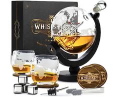 Whisiskey - Decanter per Whisky - Mappamondo - 900ML - Regalo Uomo - Caraffa Whiskey - Regali Compleanno - Set include 4 Cubetti di Ghiaccio Riutilizzaibili, Pinze e 2 Bicchieri in Vetro