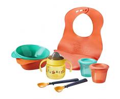 Tommee Tippee Starter Kit Svezzamento con Ciotole e Cucchiai per lAlimentazione dei Bambini, Bavaglino in Silicone, Tazza Svezzamento a Prova di Perdite al 100%, 4m+ (Il colore e design variano)